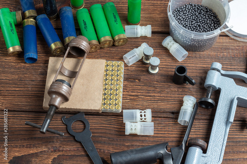 Photography Shotgun shells reloading process with special reload equipment