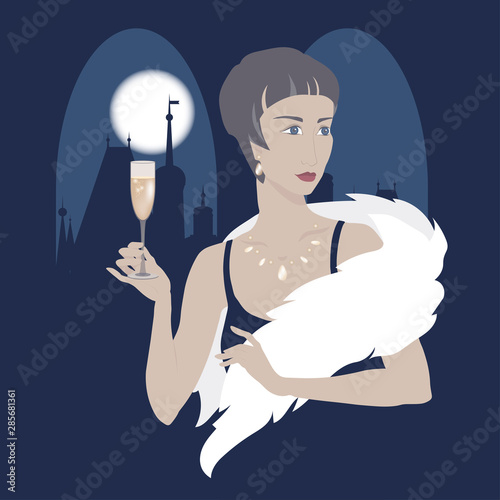 Cartoon with beautiful lady in evening dress with a glass of sparkling wine before window looking at old European town.