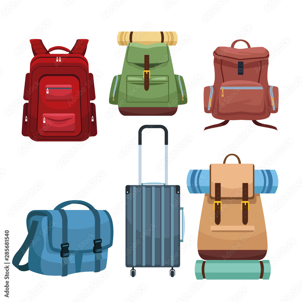 Travel camping backpacks and luggage - obrazy, fototapety, plakaty 