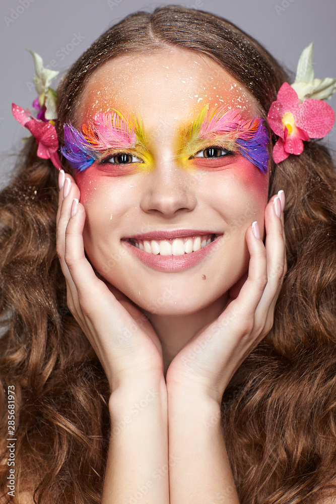 Naklejka premium Female with fashion feather eyelashes make-up