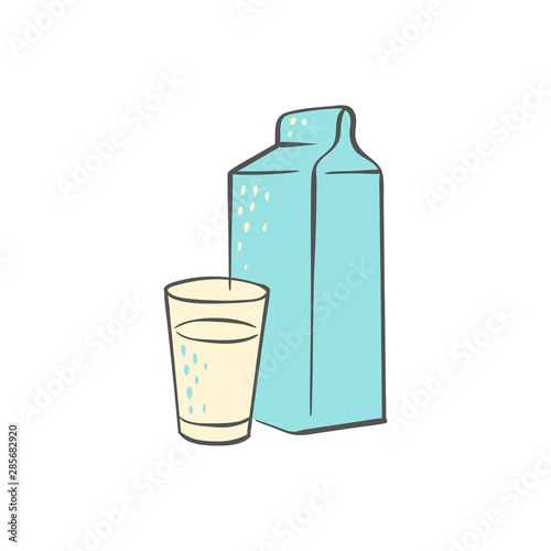 Milk carton and glass - simple hand drawn doodle isolated on white background.