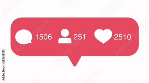 Social media pink icons with increasing number of likes, followers and comments isolated on white background, popularity concept in network. Animation video. Counter icon animation on white screen.