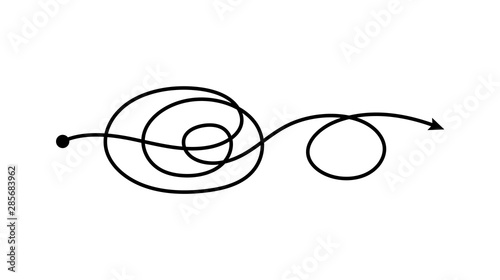 Double loop tangled arrow line going from one point in tangle scribble doodle style