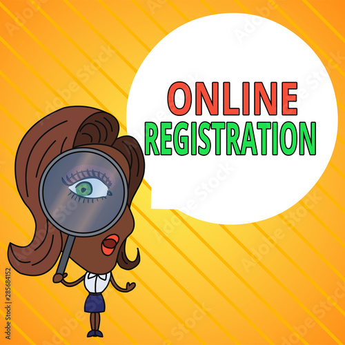 Text sign showing Online Registration. Business photo text System for subscribing or registering via the Internet Woman Looking Trough Magnifying Glass Big Eye Blank Round Speech Bubble