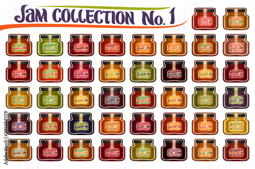 Vector set of different Jam Jars, group of 42 colorful cut out objects of fruits containers, isolated graphic illustrations of small glass jars with various labels on white, fruit jam pots collection.