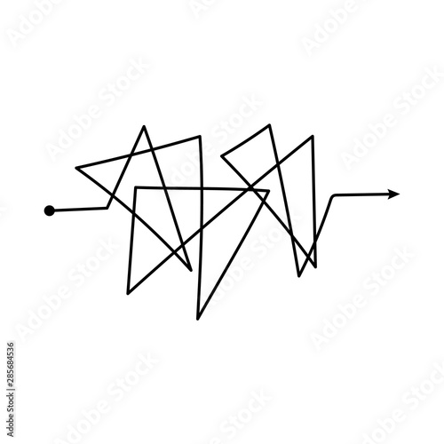 Tangled scribble path or chaotically drawn arrow line vector illustration isolated.