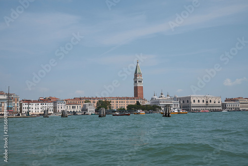 Venice, Italy - July 02, 2019 : View of Piazza San Marco and palazzo Ducale from the ferry boat