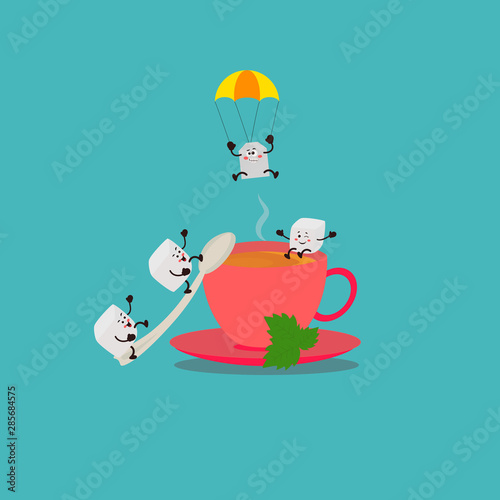 Mug with sugar pieces and tea bag in kawaii style. Good morning card concept. Vector Illustration can use for cards, fridge magnets, stickers, posters, funny print, interior design