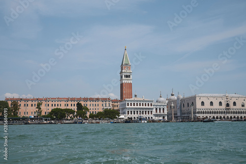 Venice, Italy - July 02, 2019 :  View of Piazza San Marco and palazzo Ducale from the ferry boat