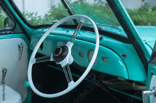 White-blue Interior vintage cars. Retro and collector automobile