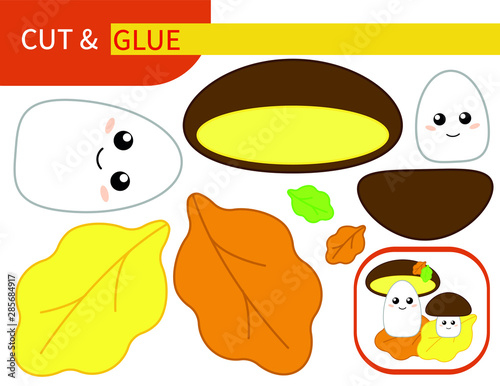 Cartoon white mushrooms with autumn leaves. Paper game "cut and glue" for children
