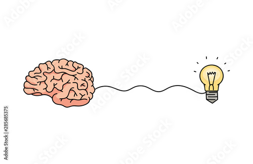 Brain creating an idea - cartoon hand drawn icon connected to light bulb symbol with wavy line
