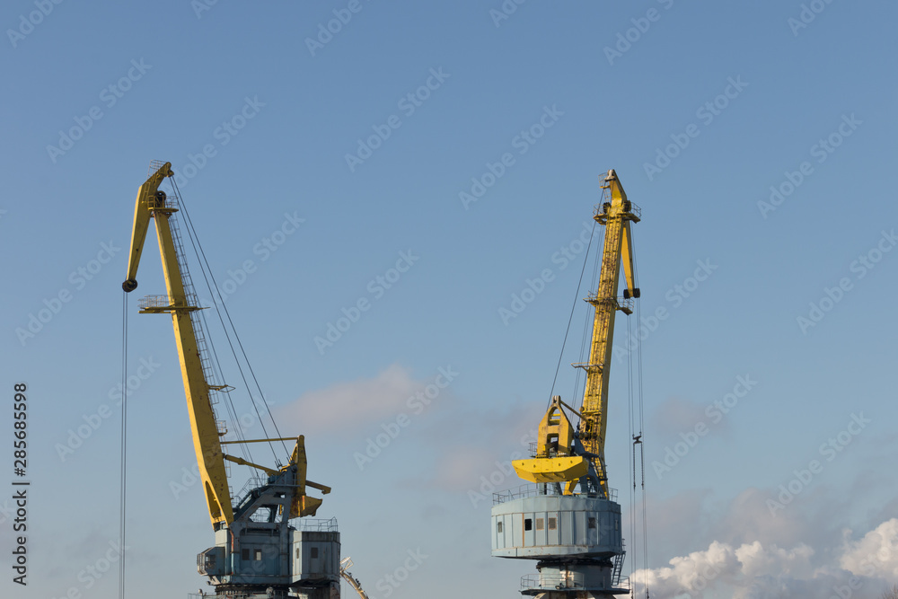 Working cranes in a small port in sunny weather.