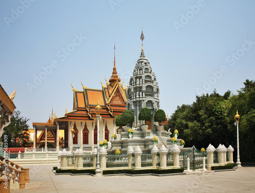 Her Royal Highness Kantha Bopha stupa and Silver Pagoda - Temple of Emerald - Crystal Buddha at Royal Palace (Preah Barum Reachea Veang Nei Preah Reacheanachak Kampuchea) in Phnom Penh. Cambodia photo