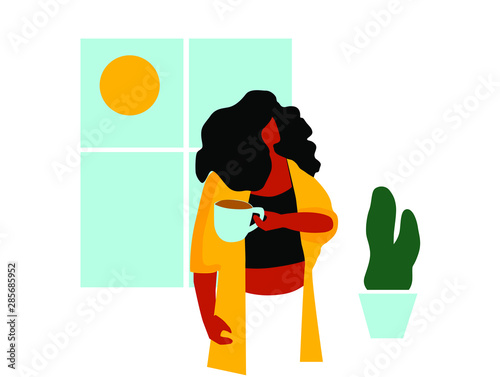 First coffee in the morning. Morning routine.  Funky flat vector illustration.