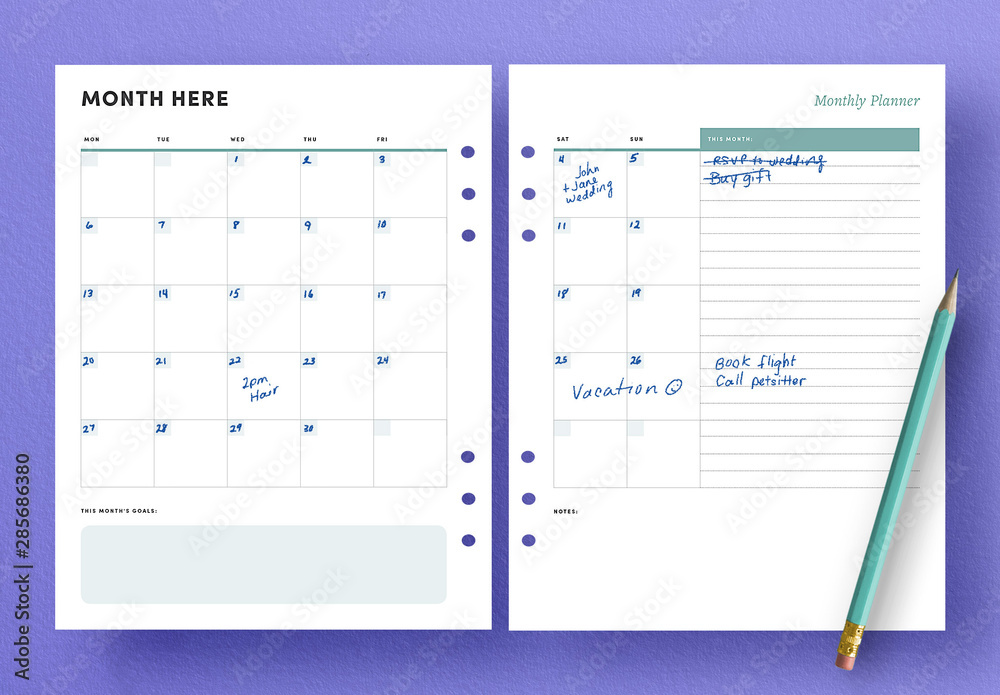 Monthly Calendar Agenda Layout for Planner Template Stock | Adobe Stock