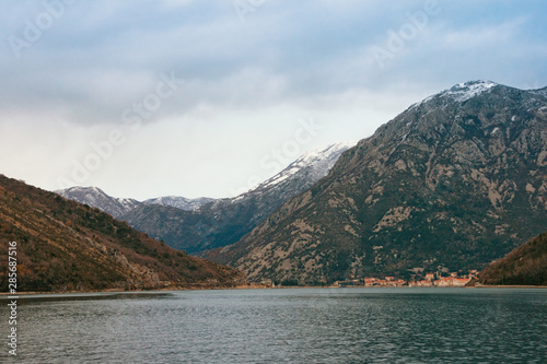 Mediterranean landscape on cloudy winter day. Montenegro, Adriatic Sea, Bay of Kotor. View of Verige Strait