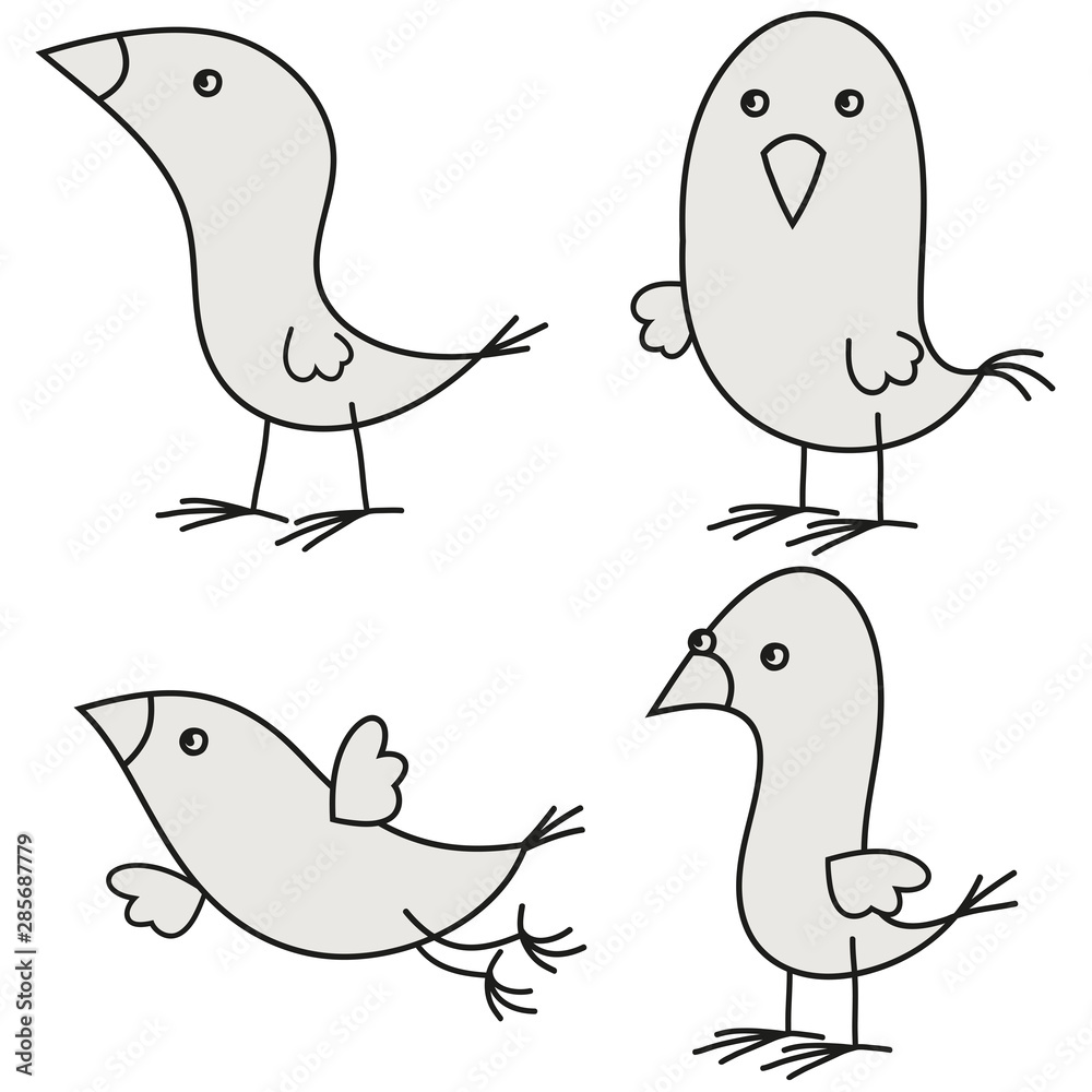 Four birdies drawn in cartoon style. Birds characters. Outline. Stock  Vector | Adobe Stock