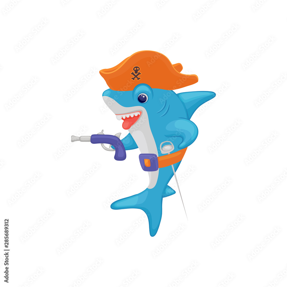 Cartoon pirate shark holding a gun, funny sea animal in full play costume  wearing a hat Stock Vector | Adobe Stock