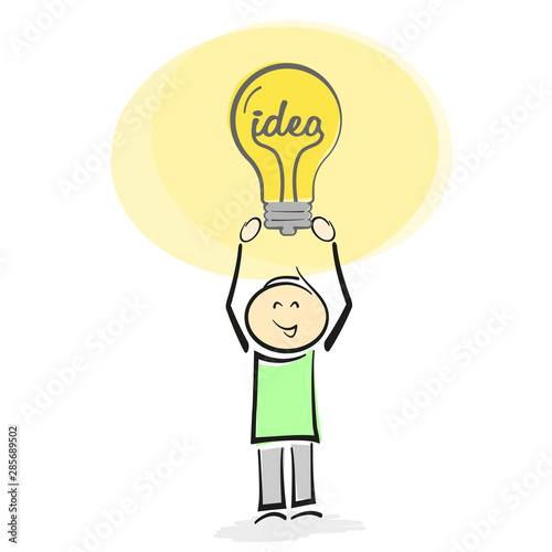 stickman holding glowing light light bulb with word IDEA above head vector illustration