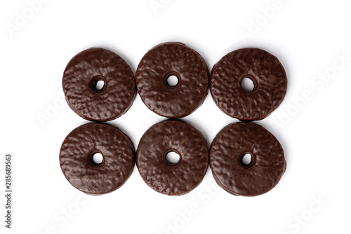 Shortbread cookies in chocolate glaze isolated on white background.