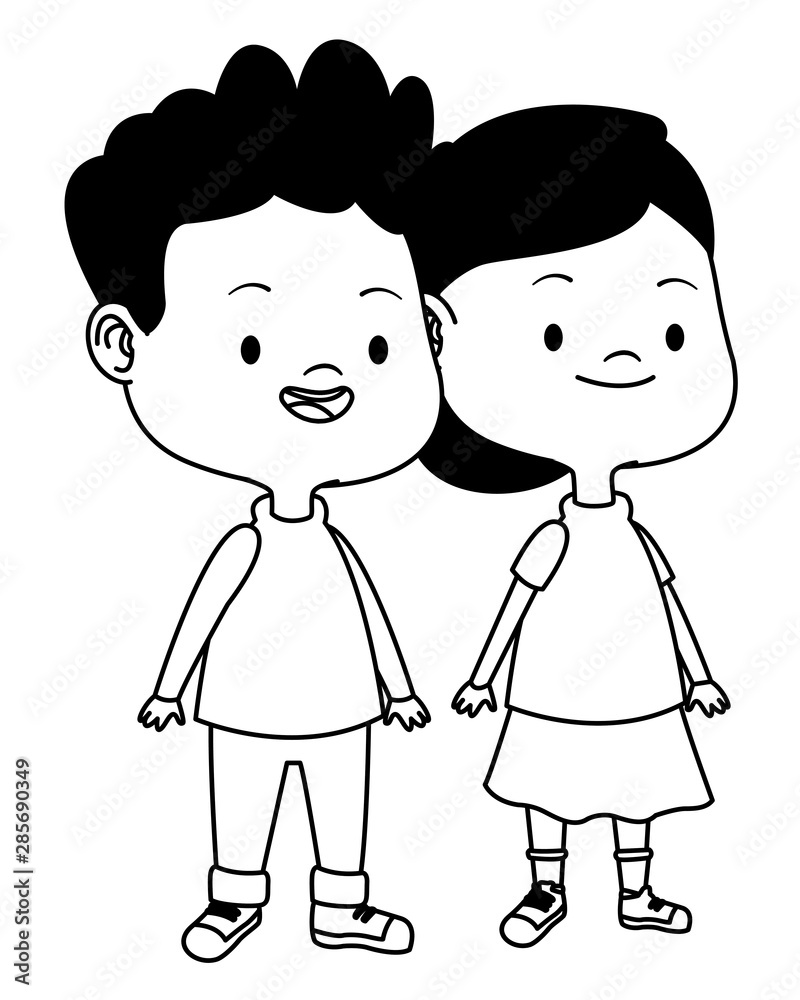 Cute happy kids having fun cartoons in black and white Cute happy kids having fun cartoons in black and white