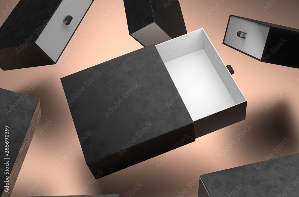 Elegant open leatherand black Gift Box Mockup on black background. Luxury packaging box for premium products. Empty opened box. 3d rendering Elegant open leatherand black Gift Box Mockup on black background. Luxury packaging box for premium products. Empty opened box. 3d rendering