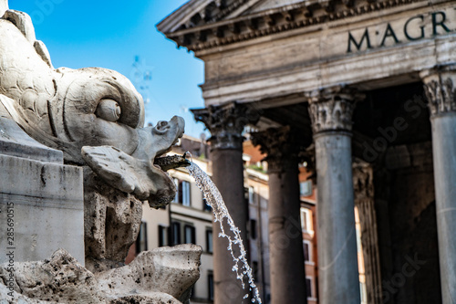Photography A detail of the sculptures that are part of the fountain at the Pantheon in Rome, Italy