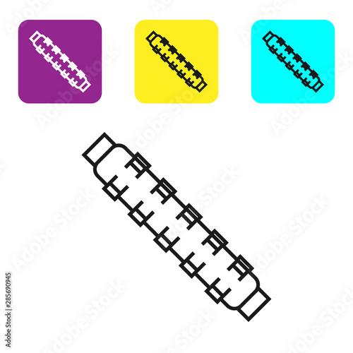 Black line Hunting cartridge belt with cartridges icon isolated on white background. Bandolier sign. Hunter equipment, armament. Set icons colorful square buttons. Vector Illustration