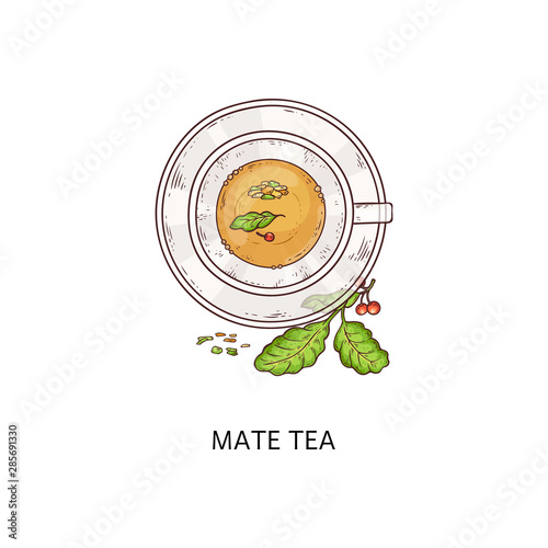 Mate tea drink in glass cup, traditional Argentina yerba herb beverage from top view
