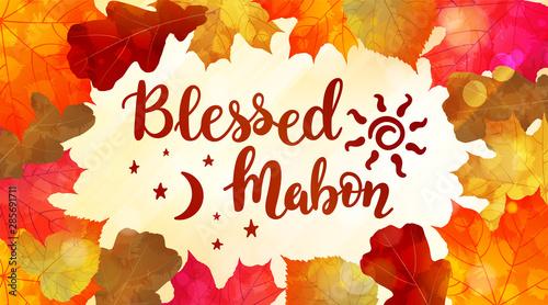 Blessed Mabon - handwritten lettering quote symbolizing equal duration of daytime and nighttime. Vector illustration of the autumn equinox.