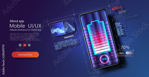 Futuristic phone is charged wirelessly on a blue background. Wireless charging. Wireless charging of the smartphone battery. Future concept. The progress of charging the battery of the phone. Vector