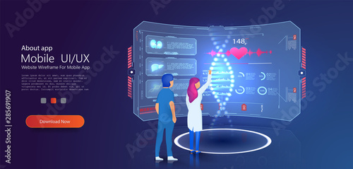 Medical hologram DNA laboratory interior. DNA nanotechnology biochemistry and human genome. Can use for web banner, infographics, hero images. Flat isometric vector illustration