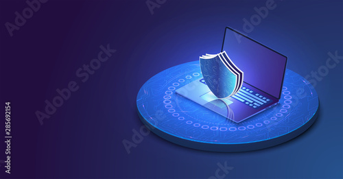 Laptop with protected guard shield security concept. Security, privacy or other concept illustration or background. Isometric internet security. 