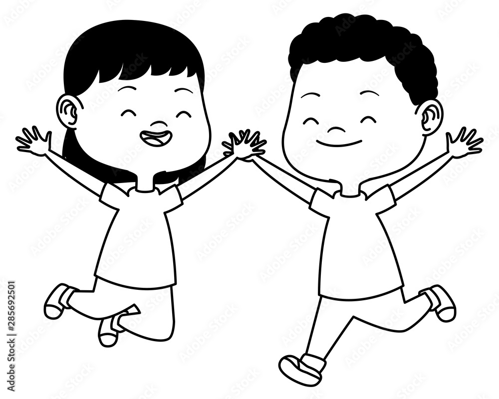 Cute happy kids having fun cartoons in black and white Stock Vector ...