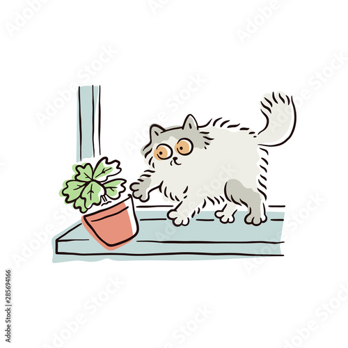 Cartoon cat pushing a flower pot off the window sill, funny naughty pet animal breaking things.