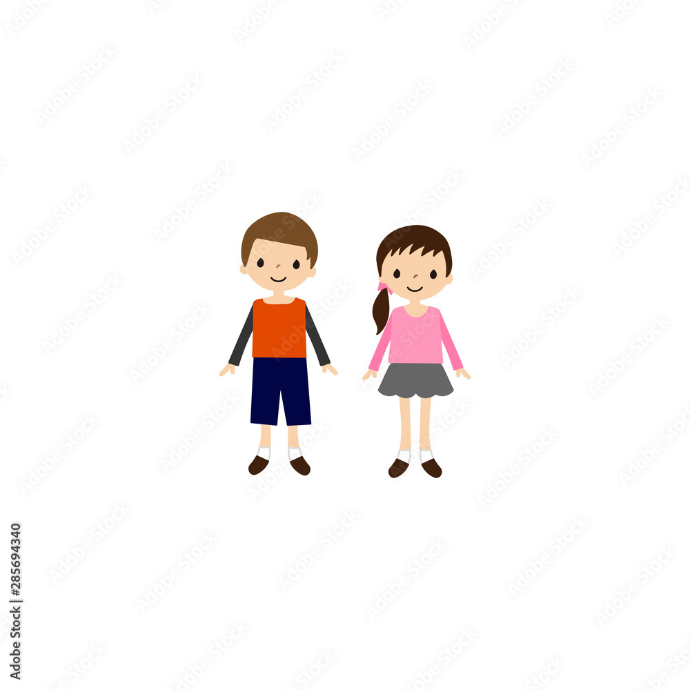 かわいい子供たちのベクターイラスト(笑顔, 2人, 男女, 正面, 直立, 全身) かわいい子供たちのベクターイラスト(笑顔, 2人, 男女, 正面, 直立, 全身)