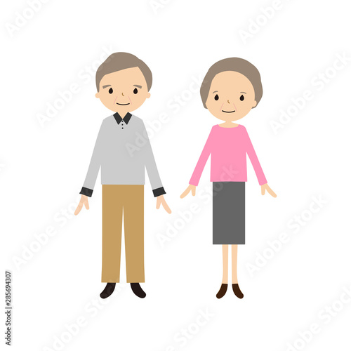 幸せ老夫婦のベクターイラスト（笑顔, 2人, 男女, 正面, 直立, 全身）