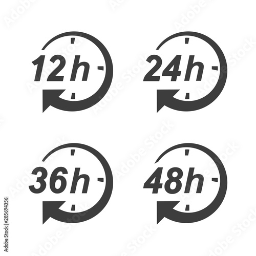 hour clock arrow vector icon. 12h, 24h, 36h, and 48h shipping time on progress