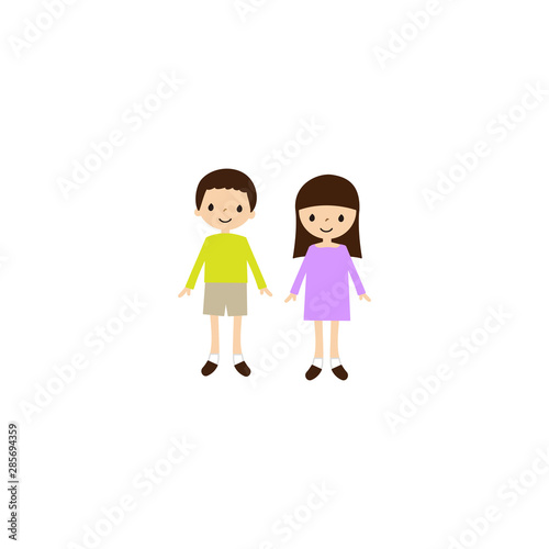 かわいい子供たちのベクターイラスト（笑顔, 2人, 男女, 正面, 直立, 全身）