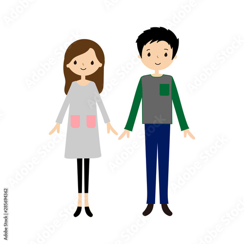 仲良し若夫婦のベクターイラスト（笑顔, 2人, 男女, 正面, 直立, 全身）