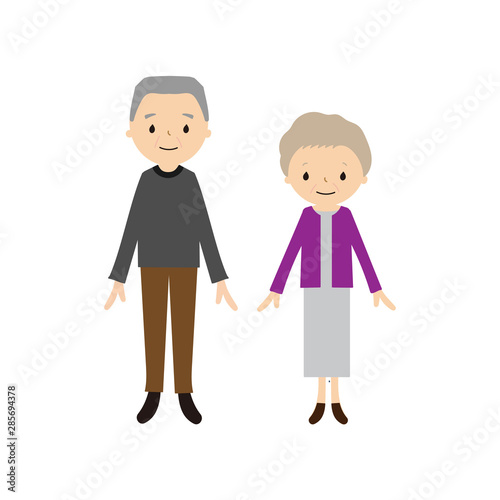 幸せ老夫婦のベクターイラスト（笑顔, 2人, 男女, 正面, 直立, 全身）