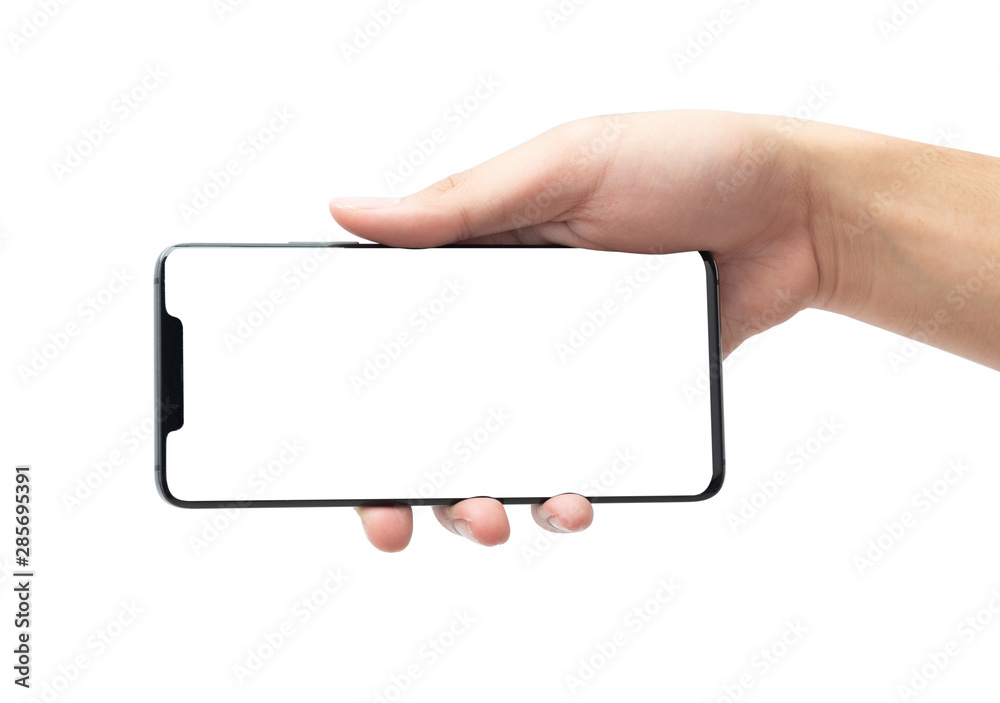 Male hand holding the black smartphone with blank screen isolated on white background with clipping path. Male hand holding the black smartphone with blank screen isolated on white background with clipping path.