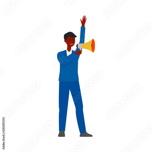Happy businessman holding a megaphone making an announcement.