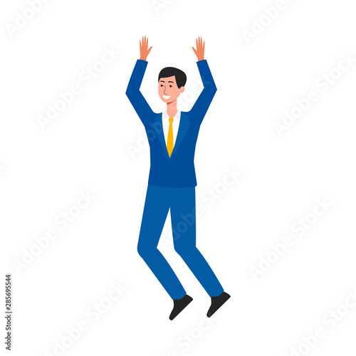 Happy businessman jumping in air - male cartoon character in business suit mid jump