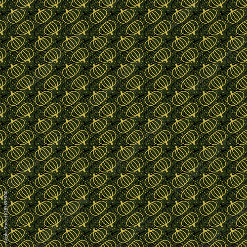 Golden pattern with pumpkin, on a green background