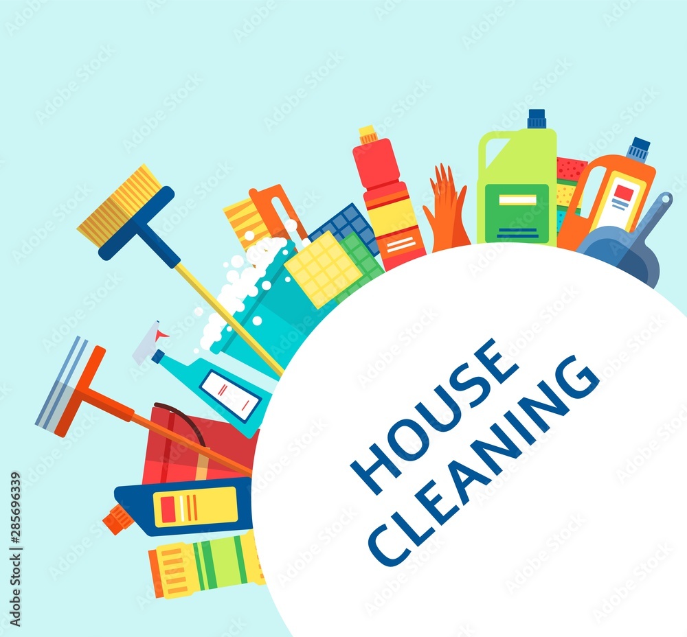 House cleaning banner - colorful housework supplies arranged around a circle