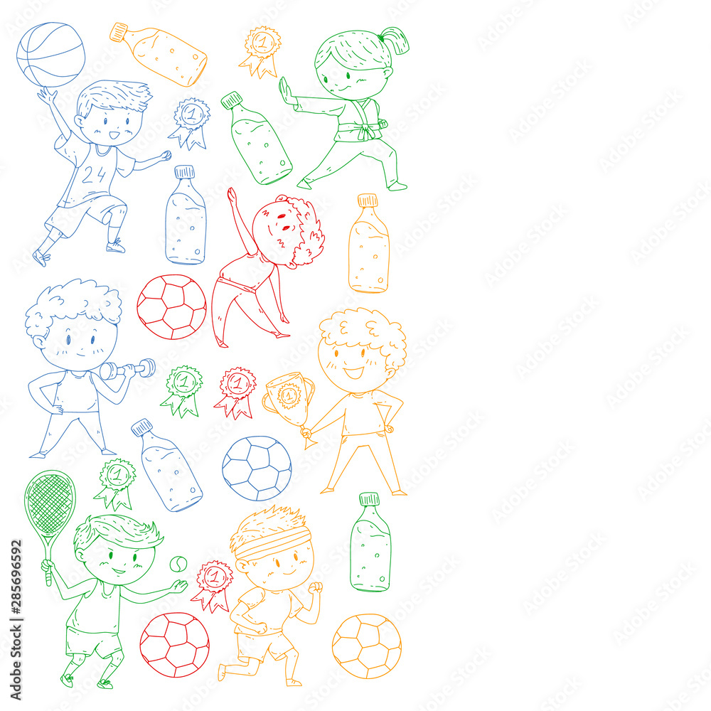 Children and sport. Vector illustration of activities. Football, soccer, running, dancing, martial arts. Health care in school and kindergarten. Children and sport. Vector illustration of activities. Football, soccer, running, dancing, martial arts. Health care in school and kindergarten.