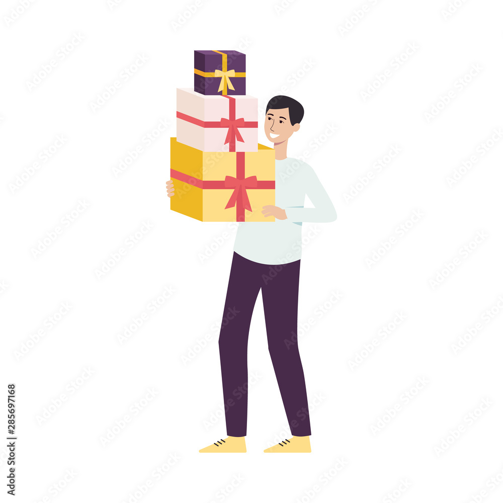 Happy customer with shopping boxes flat cartoon vector illustration isolated. Happy customer with shopping boxes flat cartoon vector illustration isolated.