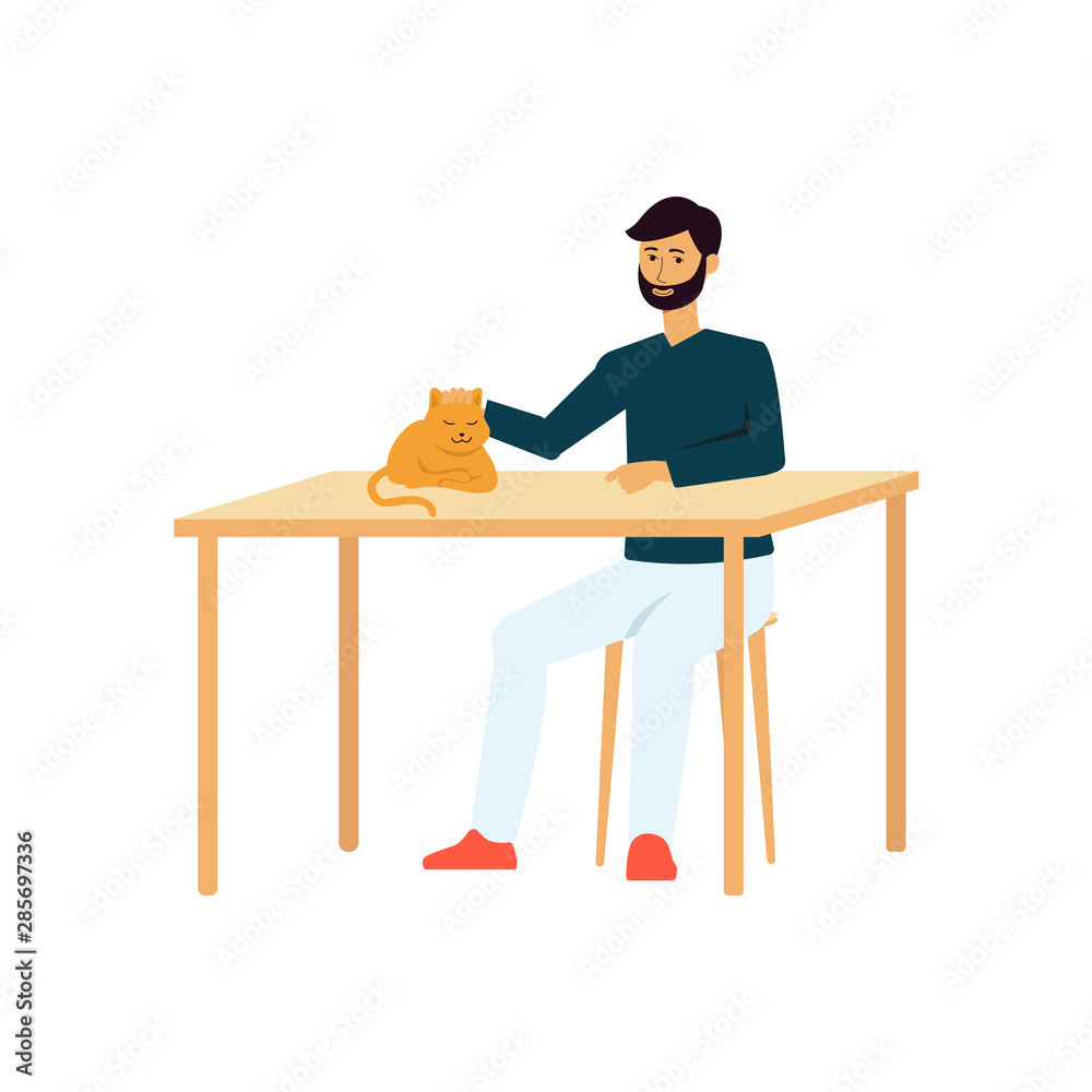 Cartoon man sitting at the table petting a sleeping cat. Stock Vector |  Adobe Stock